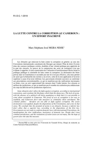 La Lutte Contre La Corruption Au Cameroun: Un Effort Inachevé Par M. S. J. Mgba Ndjie, 2018