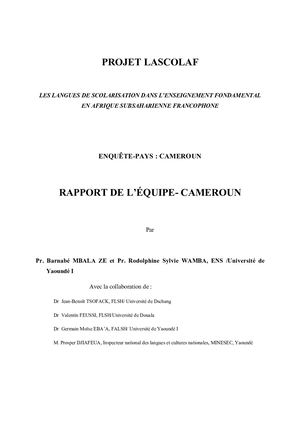 Les Langues De Scolarisation Dans L'Enseignement Fondamental En Afrique Subsaharienne Francophone (Cameroun), Rapport Par Pr B. Mbala Ze Et Pr R. S. Wamba