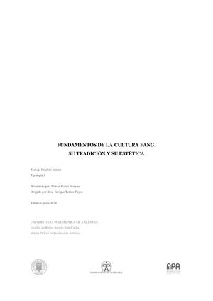 Fundamentos De La Cultura Fang Su Tradicion Y Su Estetica, Mémoire Par Nieves Galan Moreno, 2015