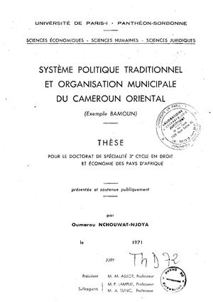 (Bamun) Système Politique Traditionel Et Organisation Municipale Du Cameroun Oriental, Thèse Par O. Nchouwat Njoya 1971