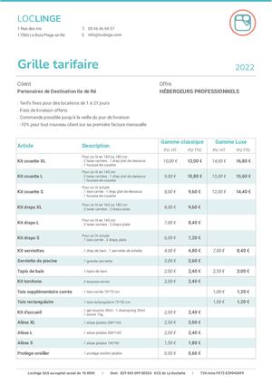 Tarifs Loc'Linge - pros