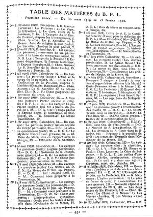 Bulletin Paroissial Liturgique 1919, Table et Index