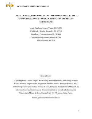 Actividad 5 Cartilla De Seguimiento A La Gestion Presupuestal Parte 2 Finanzas Publicas