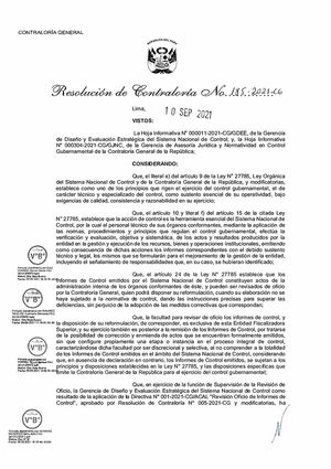 Directiva N° 008 2021 Cg Acal, Revisión De Oficio De Informes De Control, Aprobada Con Resolución De Contraloría N ° 185 2021 Cg De 10 Set 2021, Publicada El 11 Set 2021