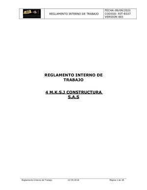 Reglamento Interno De Trabajo Empresa 4 M K S J Constructora S A S