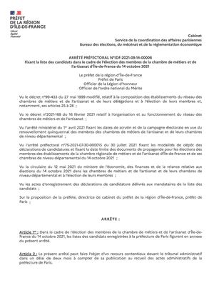 Liste des candidats élection CMA IDF 2021