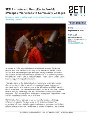 SETI Institute and Unistellar to Provide eVscopes, Workshops to Community Colleges