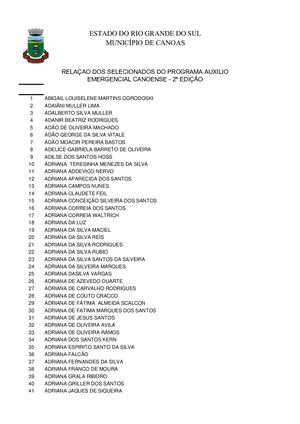 Relação Dos Selecionados Do Programa Auxílio Emergencial Canoense 2ª Edição