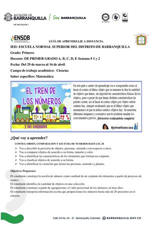 GUIA 3 (1) DE ABRIL (29 AL 16) CONTEO Y ORDEN, COMPARACION Y LECTURA DE NUMEROS HASTA EL 20