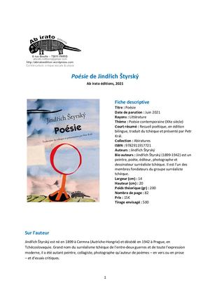 Poesie de Jindrich Styrsky (Ab irato éditions) - Présentation