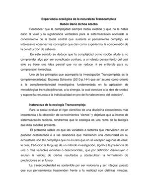 ÓPtica Ecológica De La Naturaleza Transcompleja De Rubén Darío Ochoa Atacho