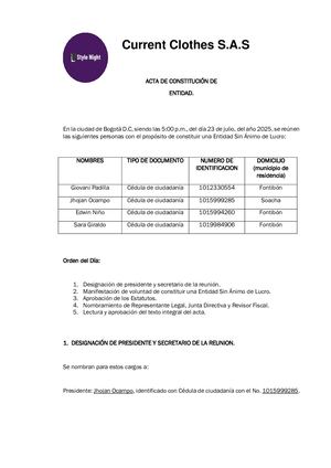 Acta De Constitución De La Empresa Por Parte De Los Socios