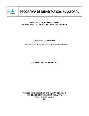 Programa Bienestar Social Laboral Apolo Importaciones S.A.S.
