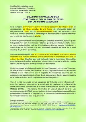 Guía Práctica Para Elaborar Citas Cortas Y Cita Al Final Del Texto Con Las Normas Vancouver