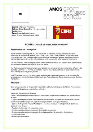 (M2)RC LENS-ALTERNANCE- CHARE DE MISSION SERVICING