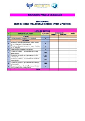 Lista De Cotejo Para Derechos Civiles Y Políticos