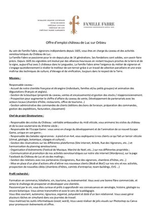 OFFRE D'EMPLOI - FICHE DE POSTE - CHATEAU DE LUC