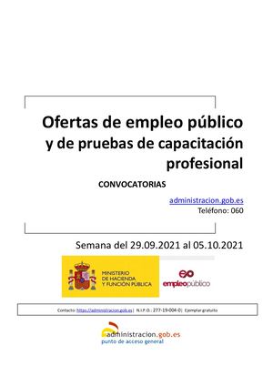 OFERTAS DE EMPLEO PÚBLICO Y DE PRUEBAS DE CAPACITACIÓN PROFESIONAL. CONVOCATORIAS SEMANA DEL 29 DE SEPTIEMBRE AL 05 DE OCTUBRE DE 2021