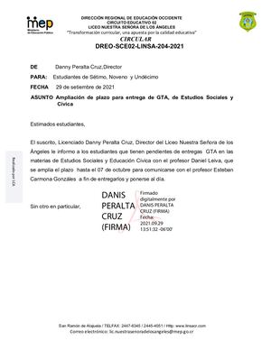 Circular 204 Ampliación De Plazo Para Entrega GTA Estudios Sociales Y Cívica