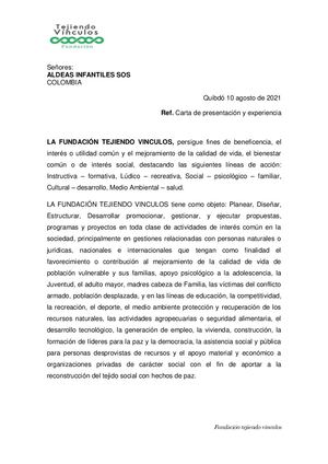Carta De Presentacion - Fundación Tejiendo Vínculos