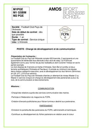 (M1PGE,M1GSBM,M2PGE) Offre Service Civique- Football Club Pays de l'Arbresle-chargé de développement et communication