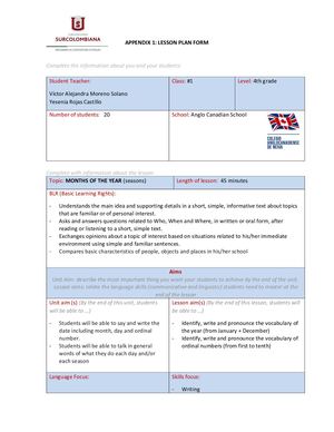 1er Lesson Plan Month Of The Year