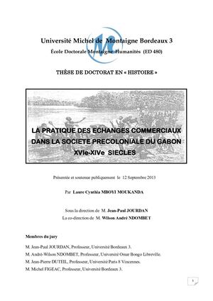La Pratique Des Echanges Commerciaux Dans La Société Précoloniale Du Gabon Xvie au Xixe Siecles Par L C Mboyi Moukanda 2013