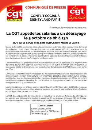 Cp Conflit Social à Disneyland Paris La Cgt Appelle Les Salariés à Un Débrayage Le 5 Octobre