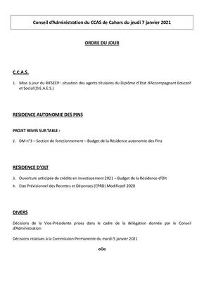 Conseil d’Administration du CCAS de Cahors du jeudi 7 janvier 2021