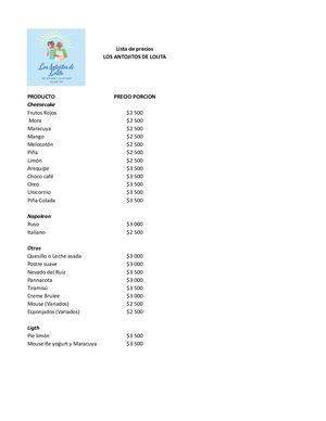 Lista De Productos Y Precios Los Antojitos de Lolita