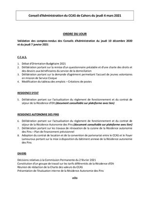 Conseil d’Administration du CCAS de Cahors du jeudi 4 mars 2021
