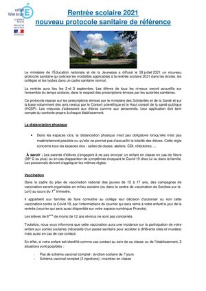 Protocole Sanitaire Rentrée Scolaire 2021