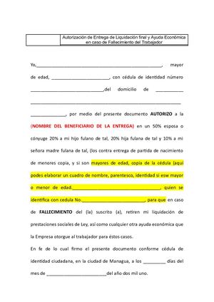 Autorizacion De Entrega De Liquidacion Final- NICARAGUA