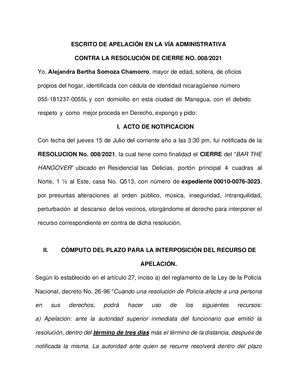 ESCRITO DE APELACIÓN EN LA VÍA ADMINISTRATIVA -nicaragua