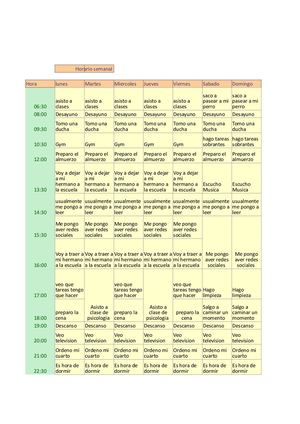 Horario Semanal De Actividades Cotidianas