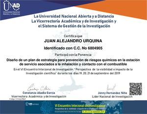 Certificado Juan Alejandro Urquina Tovar - Certificado  - Ponente - VI Encuentro Interzonal De Investigación UNAD 2019