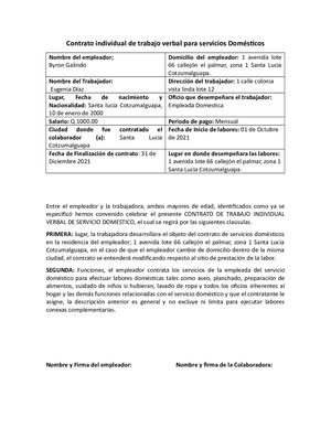 Contrato Individual De Trabajo Verbal Para Servicios Domésticos