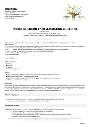 Programme Tp Chef De Cuisine En Restauration Collective