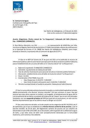 Alegaciones a la construcción de una piscina natural (Cabezuela Del Valle, Cáceres). 23 julio 2021
