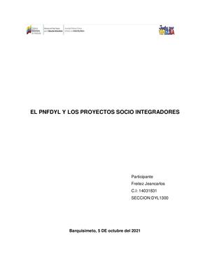 El Pnfdyl Y Los Proyectos Socio Integradores