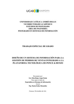 DISEÑO DE UN SISTEMA DE INFORMACION PARA LA GESTION DE PEDIDOS DE VENTA INTEGRADO A LA PLATAFORMA TECNOLOGICA DE PONCE & BENZO