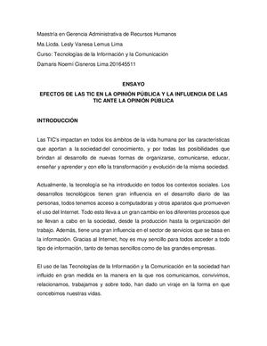 Ensayo Efectos E Influencia De Las Tic