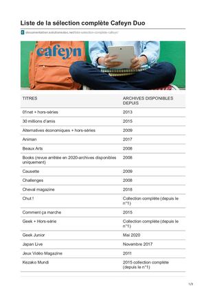 Liste de la sélection complète Cafeyn Duo