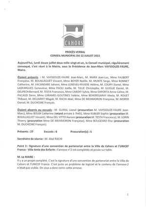 Procès verbal du conseil municipal - Séance du 12 juillet 2021