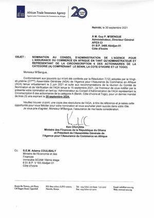 30 09 2021 Lettre De Nomination Au Conseil D'administration De L'aca