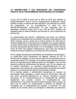 La Versión Libre Y Los Descargos En Proceso Disciplinario En Colombia