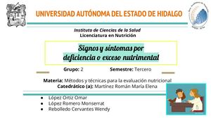 Signos y síntomas por deficiencia o exceso nutrimental