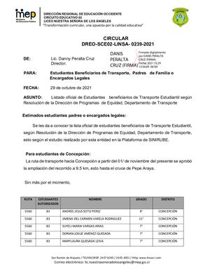 Circular 239 Lista Oficial Del Beneficiarios De Transporte