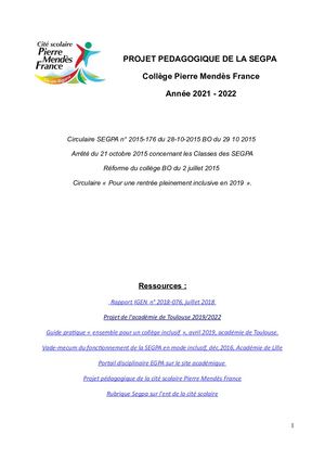 Projet Pédagogique Segpa Pmf 20212022