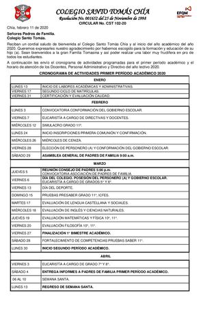 Circular 102 2020 Cronograma Primer Período
